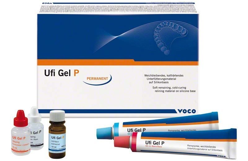 Weichbleibendes Unterfütterungsmaterial Ufi Gel® P mit Zubehör und Verpackung.