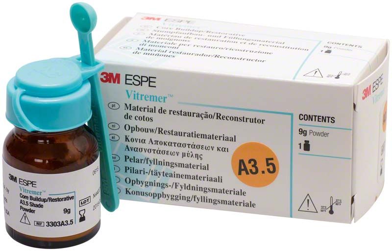 Vitremer Pulver A3,5 mit Verpackung und Applikationszubehör.