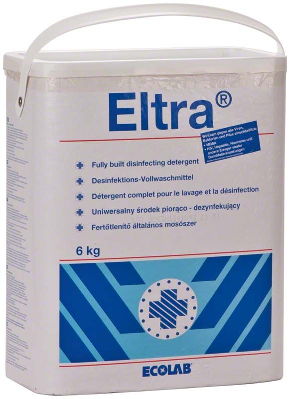 Eltra 6 kg Desinfektionsmittelbehälter mit blauem Kreuzsymbol und Ecolab-Logo.