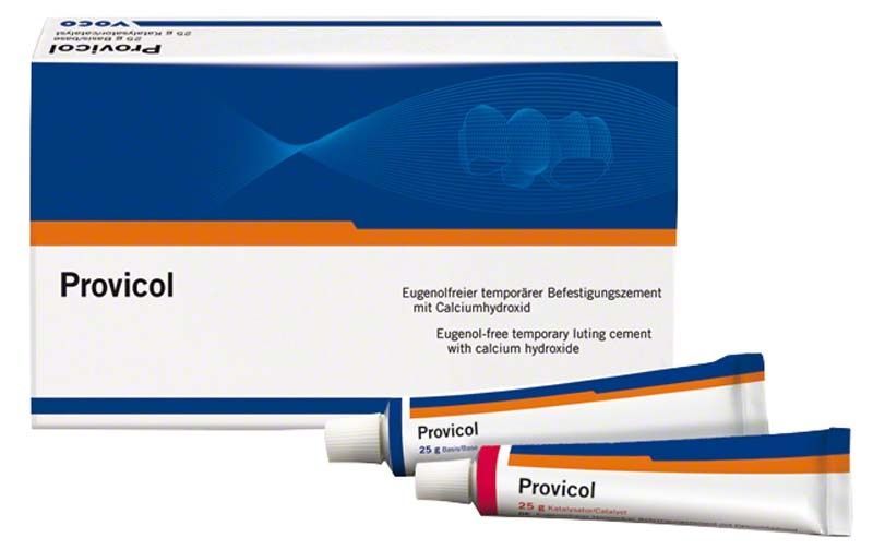 Provicol Tuben und Verpackung mit Aufschrift für provisorischen Befestigungszement.