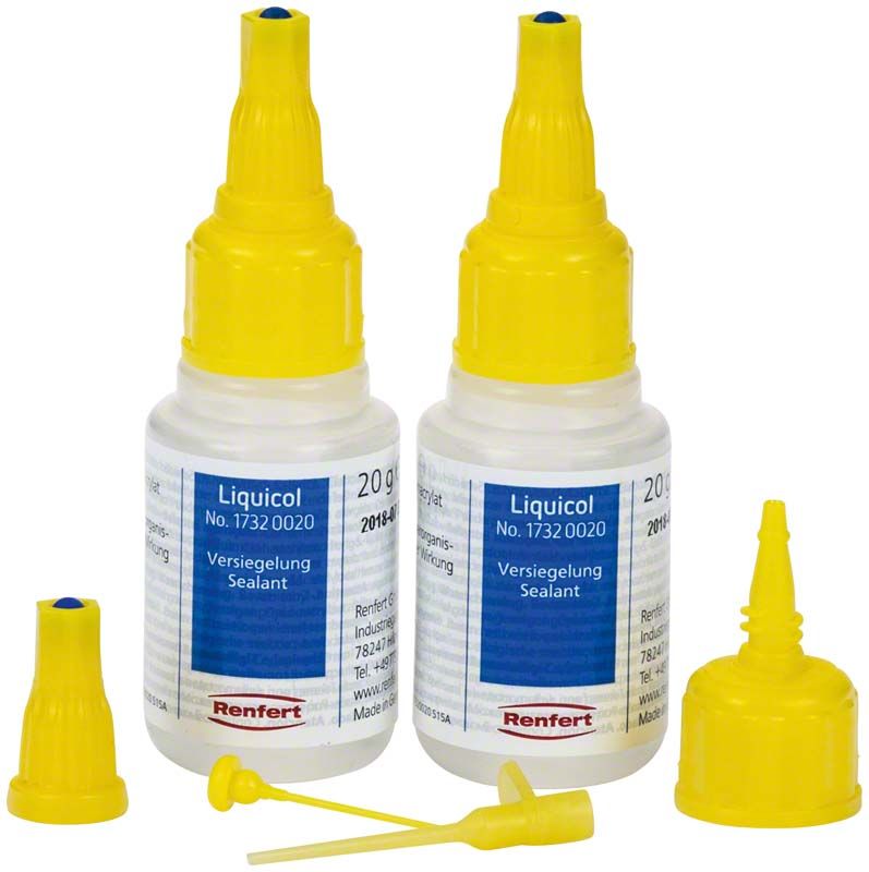 Zwei Flaschen Renfert Liquicol Spezial-Kleber mit gelbem Verschluss.