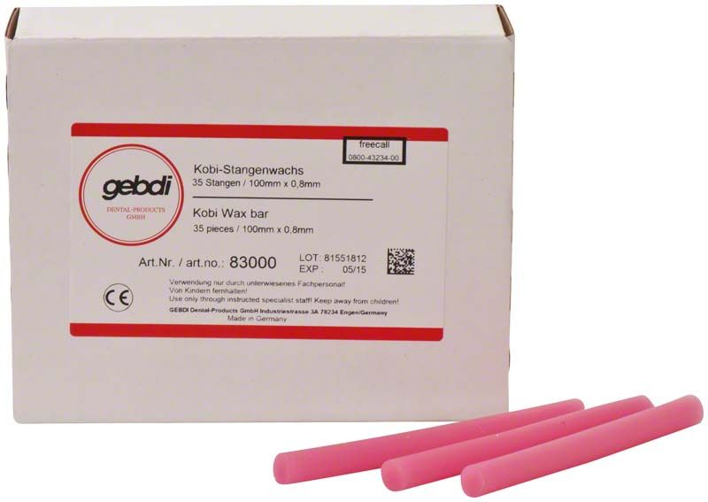 Kobi-Stangenwachs 100mm x Ø 8mm in Verpackung mit pinken Wachsstangen.