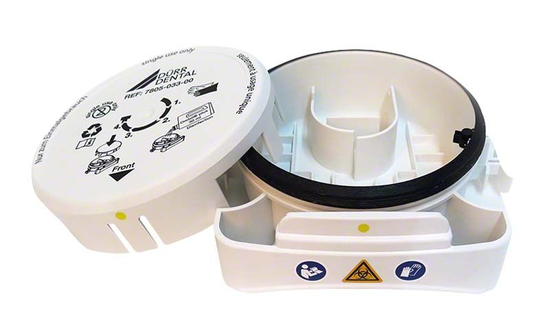 Amalgam-Einwegbehälter mit Symbolen für medizinische Entsorgung.