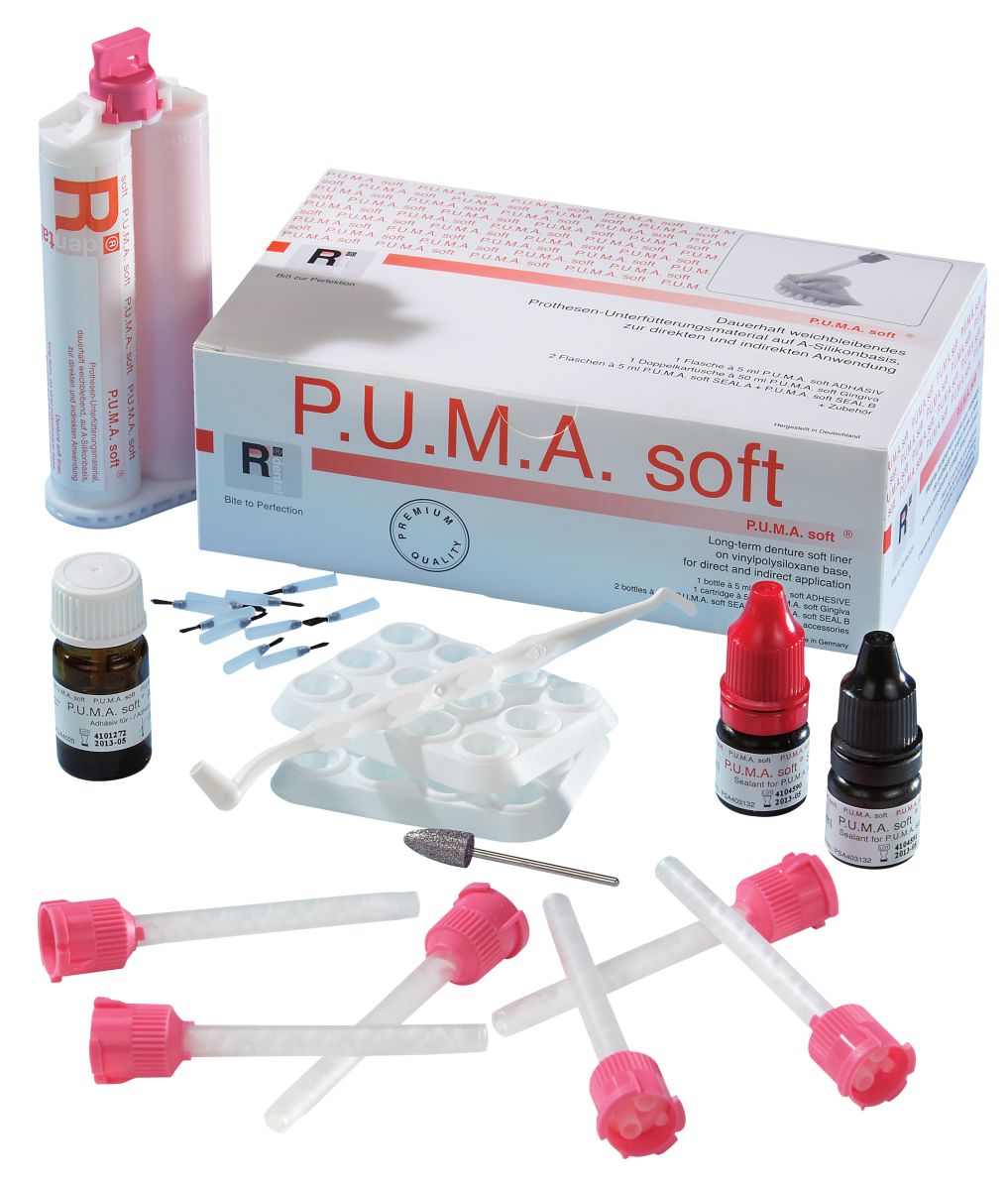 P.U.M.A. soft® Systempackung mit Prothesen-Unterfütterungsmaterial und Zubehör.