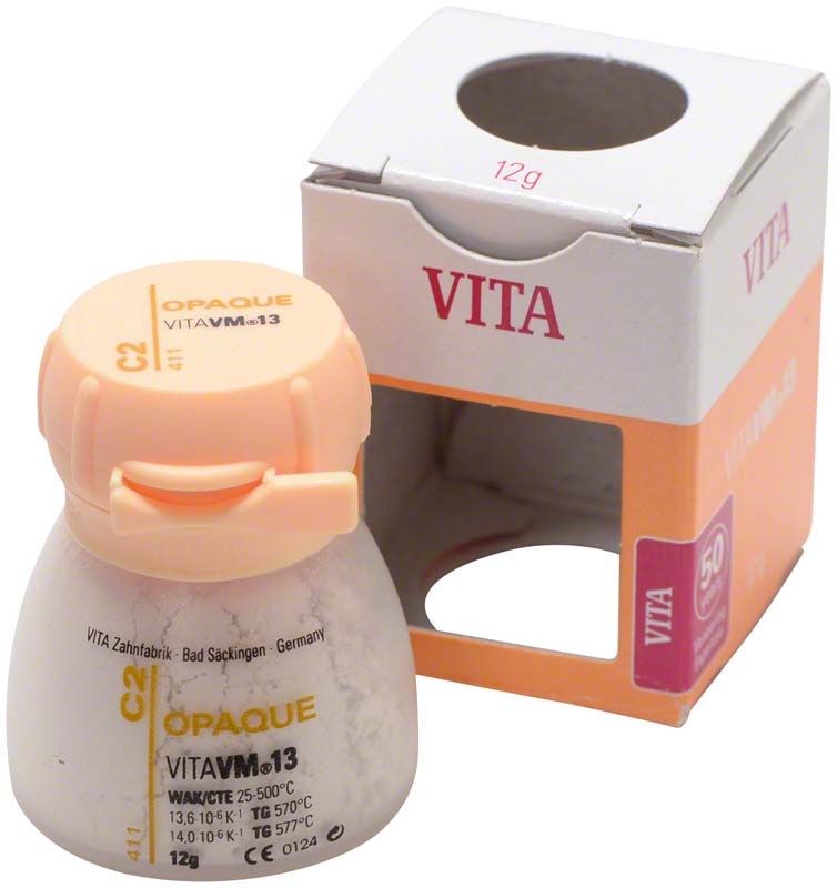 VITA VM13 Opaque 12g Flasche neben geöffneter Verpackung.