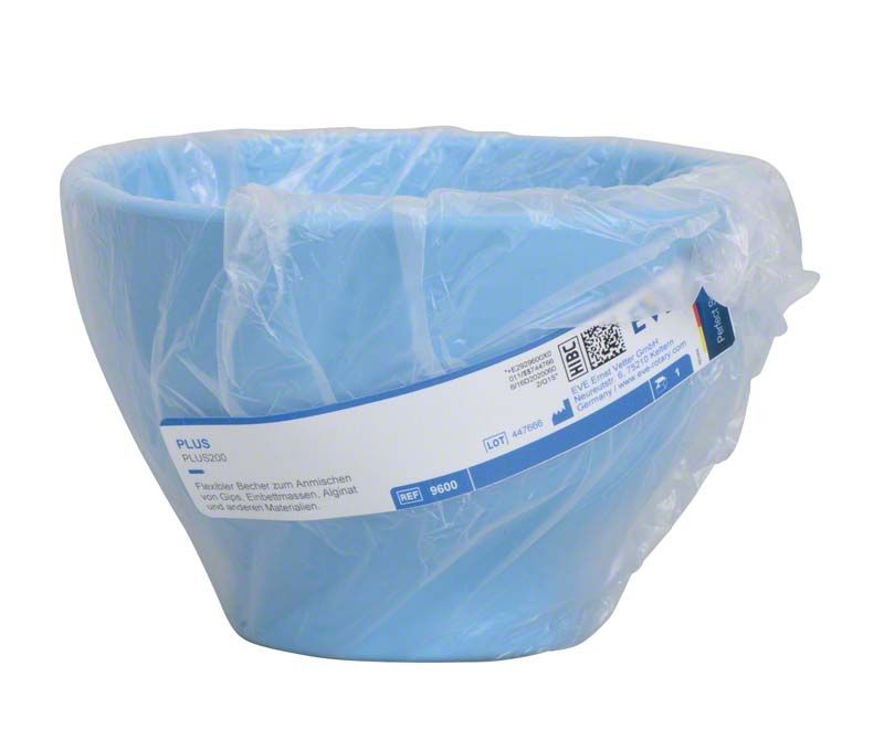 Blauer 200ml Anrührbecher mit Schutzfolie und Etikett für dentalen Gebrauch.