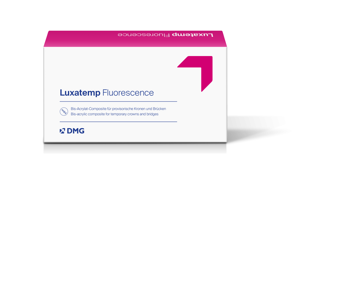 Luxatemp Fluorescence Smartmix A3 Verpackung mit pinkem und weißem Design.