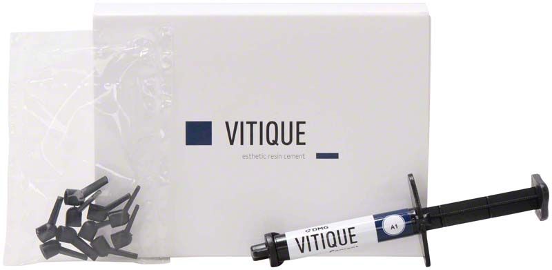 Vitique Cement A1 in Spritze mit Verpackung und Zubehör.