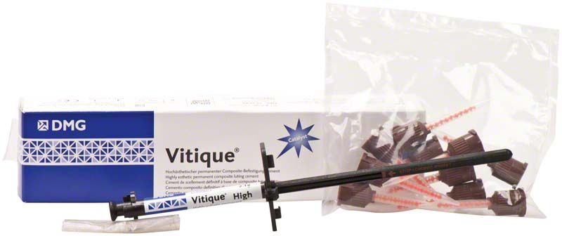 Vitique Cement A2,5 in Spritze mit Verpackung und Applikatoren.