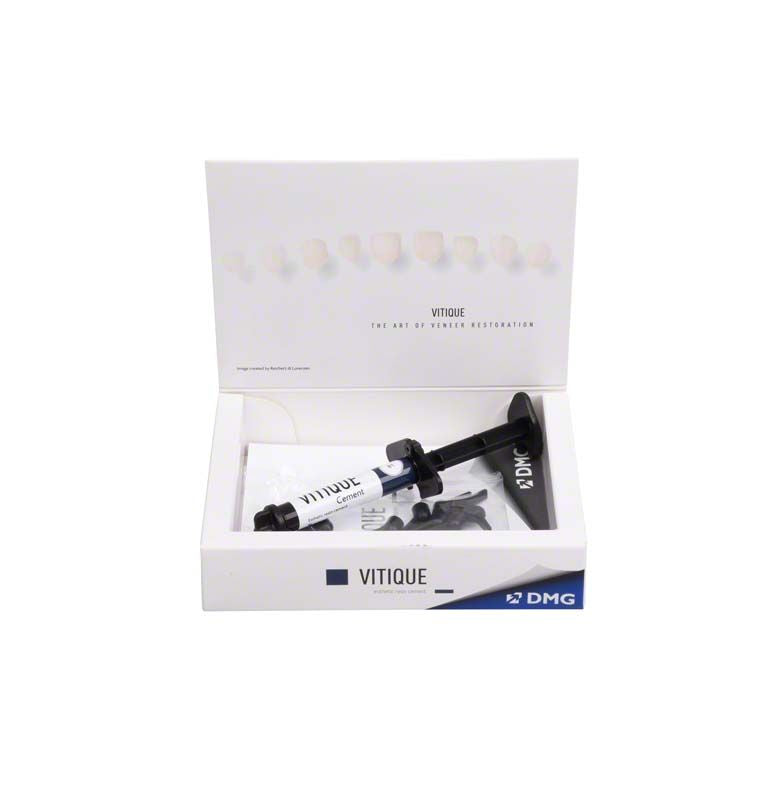 Vitique Cement B1 Spritze in geöffneter Verpackung mit Zubehör sichtbar.