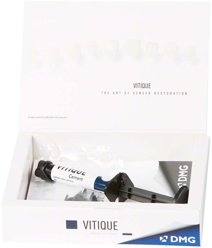 Vitique Cement transparent in einer geöffneten Verpackung mit Applikator.