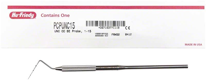 Parodontometer CP15 mit schwarzen Markierungen zur Taschentiefenmessung.