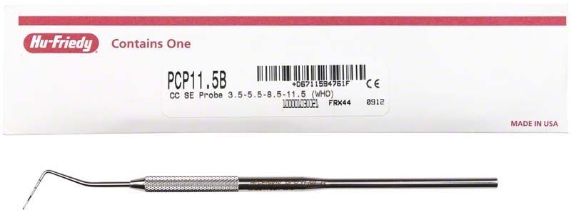 Parodontometer CP11.5 mit Griff und Farbmarkierungen vor Verpackung.