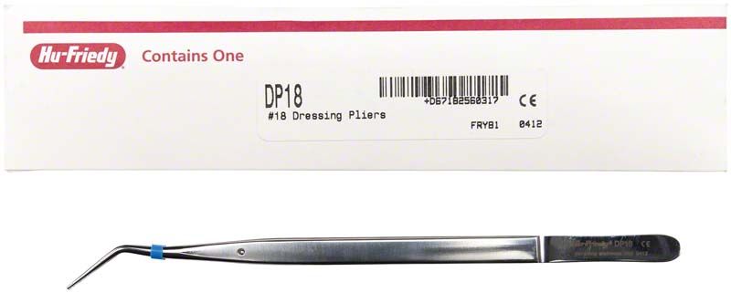 Zahnärztliche Pinzette Figur 18 mit 35° Winkel auf Verpackung.