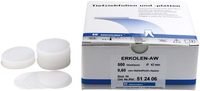 Erkolen-AW 0,6mm Tiefziehfolien, 500er-Packung mit Verpackungsdetails.