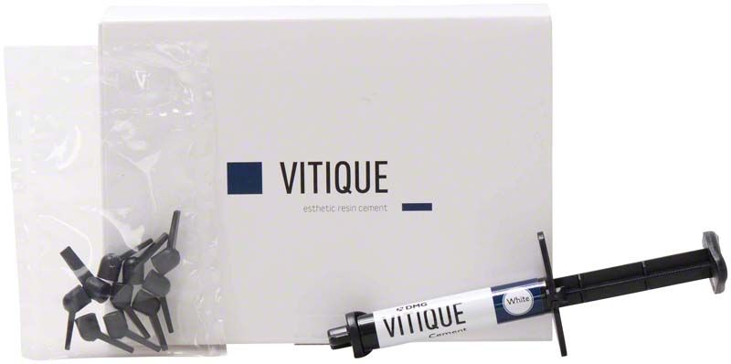 Vitique Cement weiß in Spritze mit Zubehör und Verpackung.