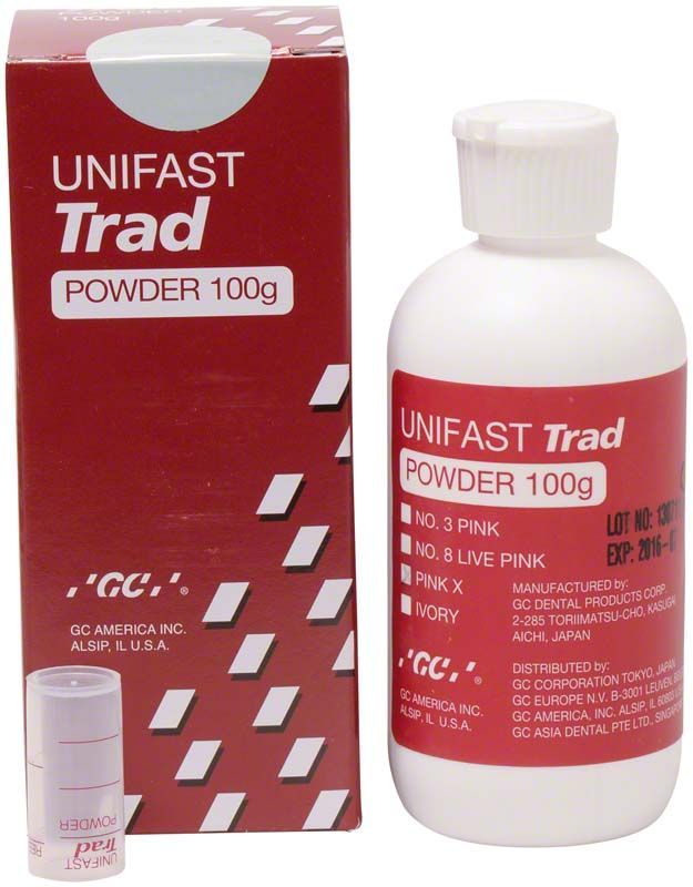 Unifast Trad Pulver pink X Flasche und Verpackung für dentalen Gebrauch