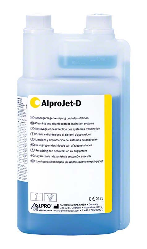 Flasche Alprojet D 1 Liter mit Etikett und blauer Flüssigkeit.
