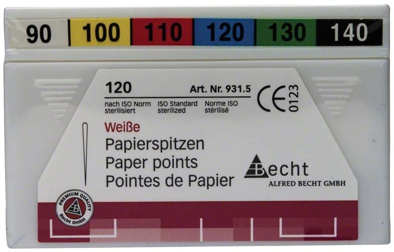 Weiße Papierspitzen in sortierter Box mit Größenangabe 90-140.