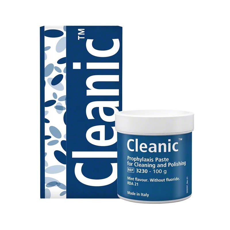 Cleanic™ Prophy-Paste Fluoridfrei Dose vor blauer Verpackung.