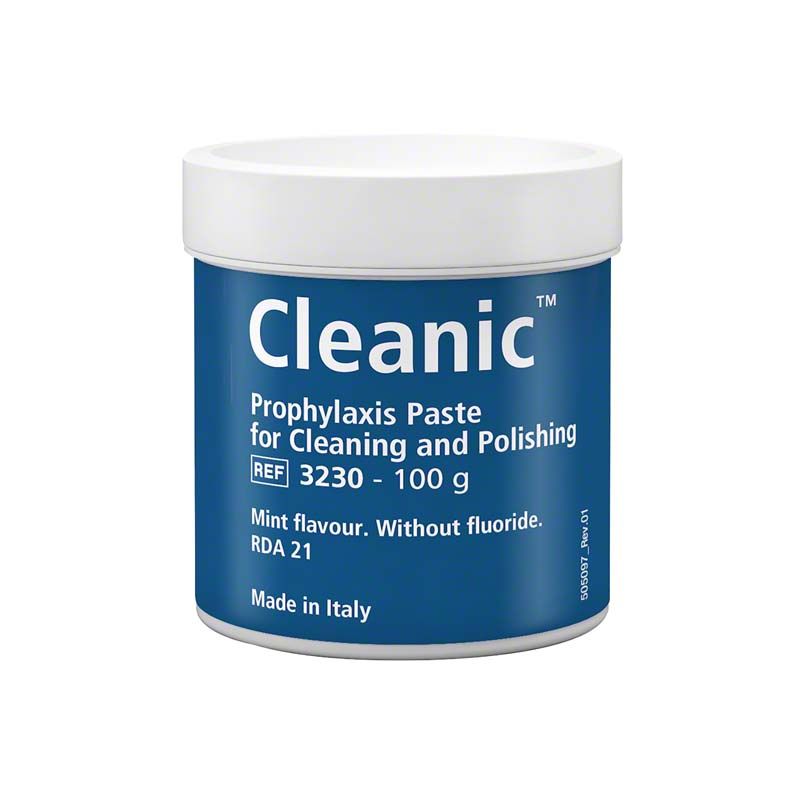 Cleanic™ Prophy-Paste Fluoridfrei in blau-weißer Dose mit englischer Beschriftung.