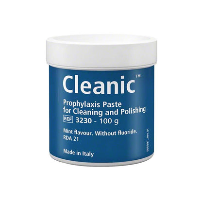Cleanic™ Prophy-Paste Fluoridfrei in blau-weißer Dose mit englischer Beschriftung.