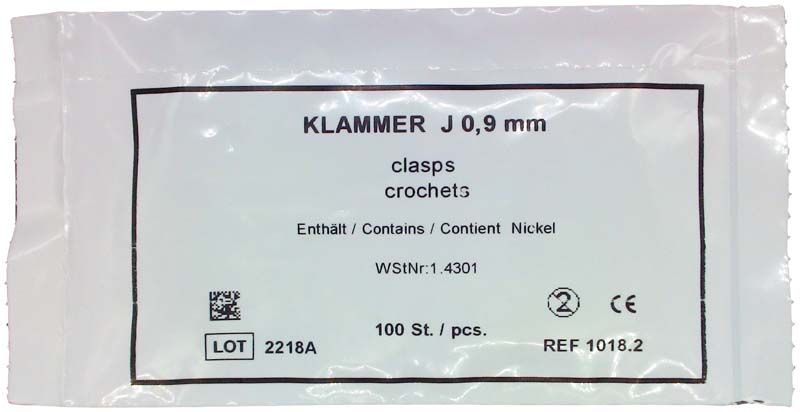 Verpackung der J-Klammer Ø 0,9mm mit Produktinformationen und Mengenangabe.