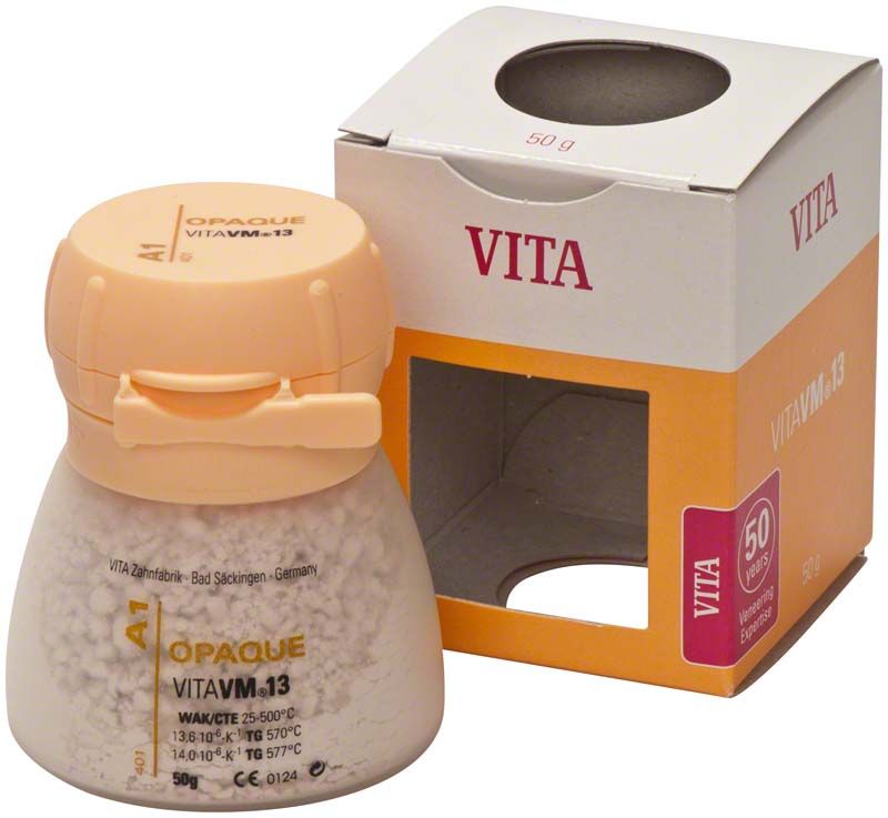 VM13 Opaque 50g A1 Zahnfarbpulver neben geöffneter Verpackung.