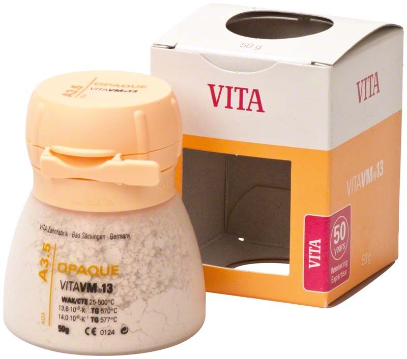 VM13 Opaque A3,5 Zahnersatzpulver in 50g Dose mit Verpackung.