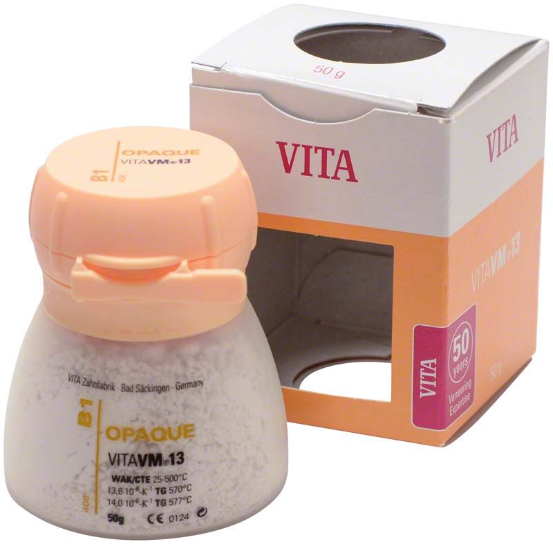 Dose mit VM13 Opaque 50g B1 Zahnersatzmaterial vor geöffneter Verpackung.