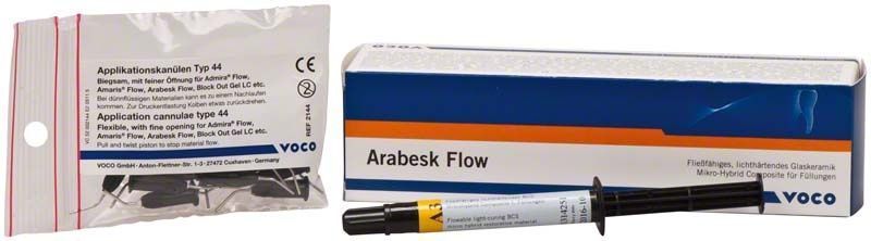 Arabesk Flow Spritze A3 mit Verpackung und Applikationskanülen.