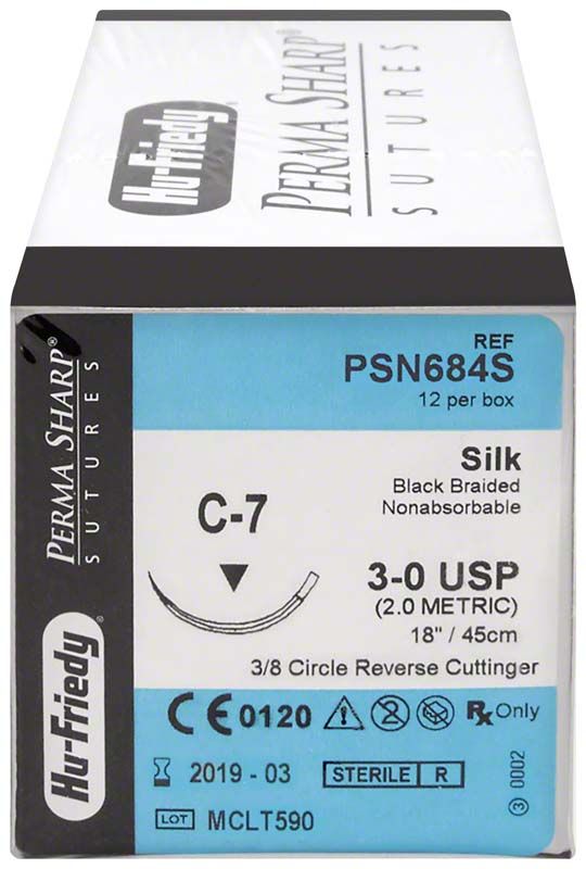 Verpackung des Perma Sharp Nahtmaterials Seide 3/0 C-7, schwarz geflochten.