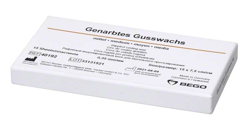 Genarbtes Gusswachs mittel 0,35mm von BEGO in weißer Verpackung.