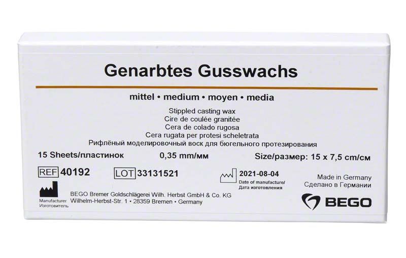 Genarbtes Gusswachs mittel 0,35mm von BEGO in weißer Verpackung mit Produktinformationen.