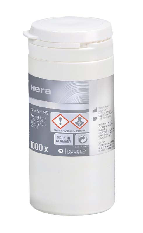 Weiße Verpackung der Hera SP 99 Schmelzpulverpellets groß mit Warnsymbolen.