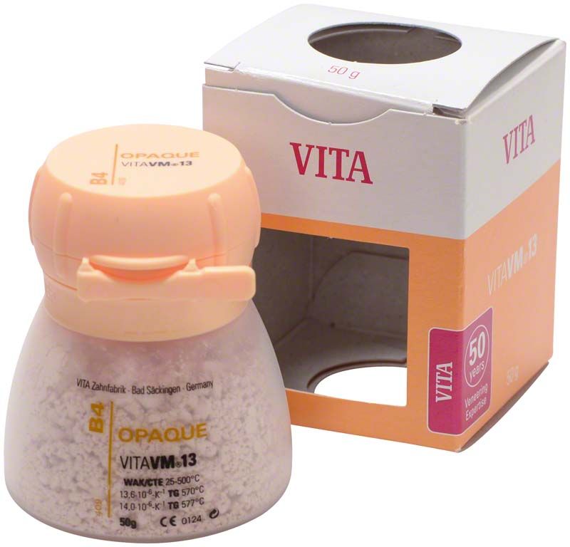 VM13 Opaque 50g B4 Zahnersatzmaterial in geöffneter Verpackung.
