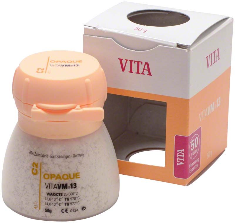 VITA VM13 Opaque 50g, Pulver in Kunststoffdose mit geöffneter Verpackung.