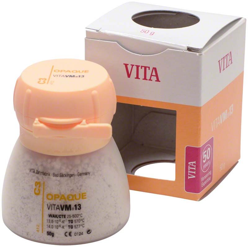 VM13 Opaque 50g C3 Zahnersatzmaterial in Kunststoffdose vor Verpackung.