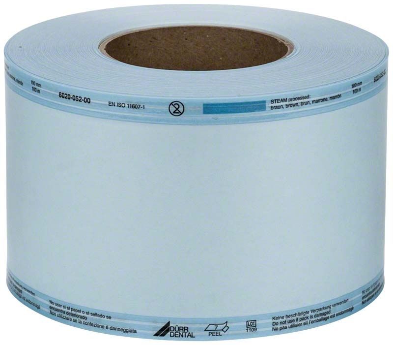 Hygofol Rollen 100mm Klarsicht-Sterilisierverpackung mit blauer Kennzeichnung.