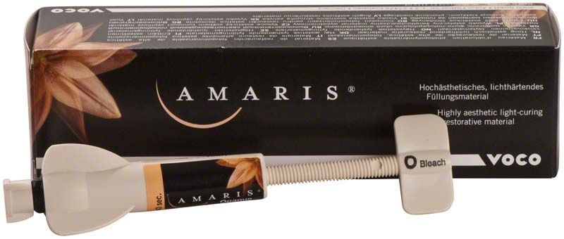Amaris Spritze O Bleach von Voco mit Verpackung und Blütenmotiv.