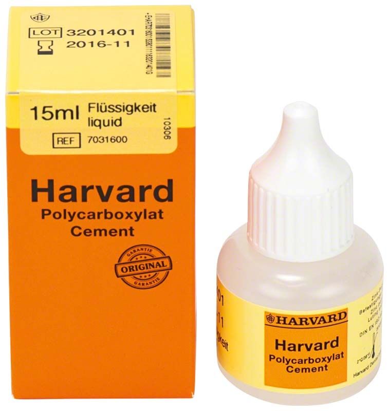 Harvard Polycarboxylat Cement Flüssigkeit 15ml mit Verpackung auf weißem Hintergrund.