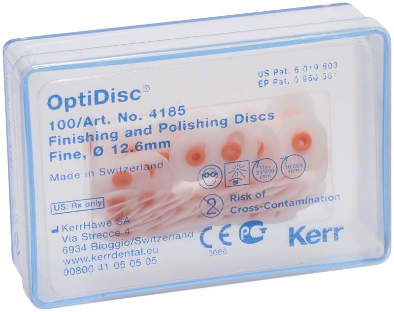 OptiDisc 12,6mm Polierscheiben in transparenter Kunststoffverpackung.