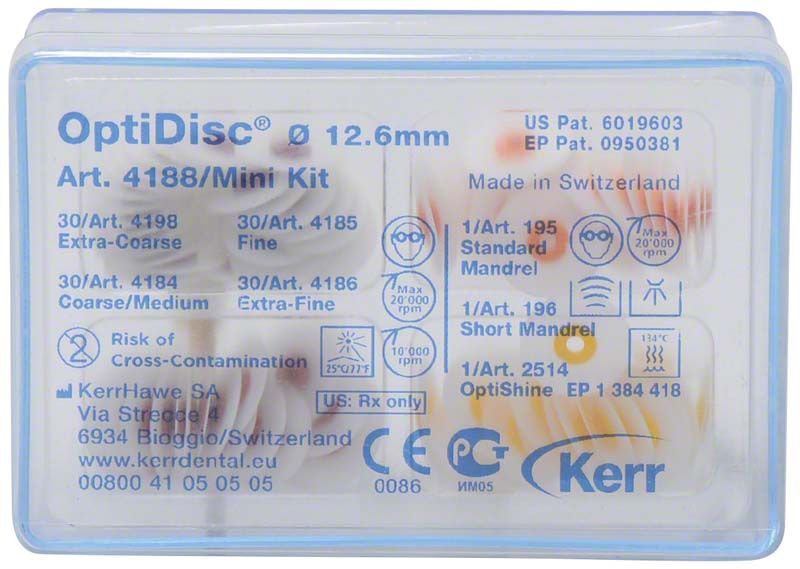OptiDisc Mini Kit Verpackung mit technischen Details und Kerr-Logo.