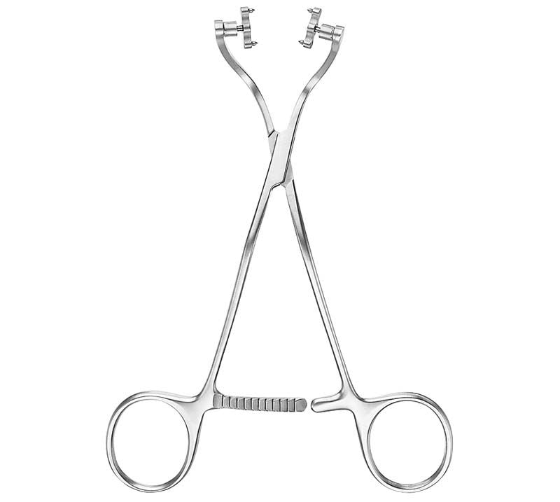 Chirurgische Stricker Knochenhaltezange aus Edelstahl mit gezahnten Spitzen.