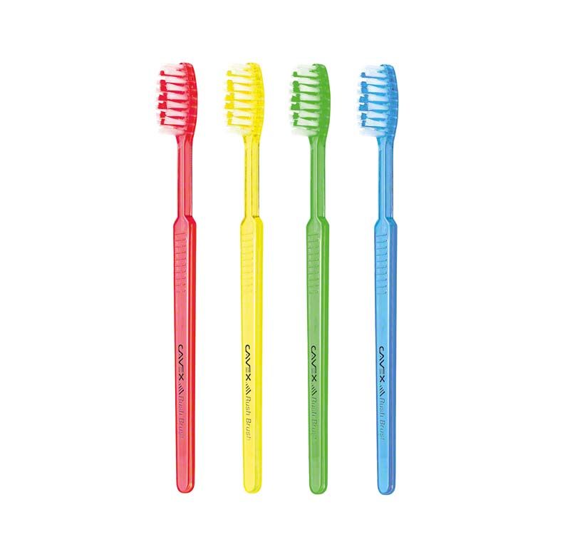 Vier bunte Cavex Rush Brush Einmalzahnbürsten mit abgerundetem Bürstenkopf.