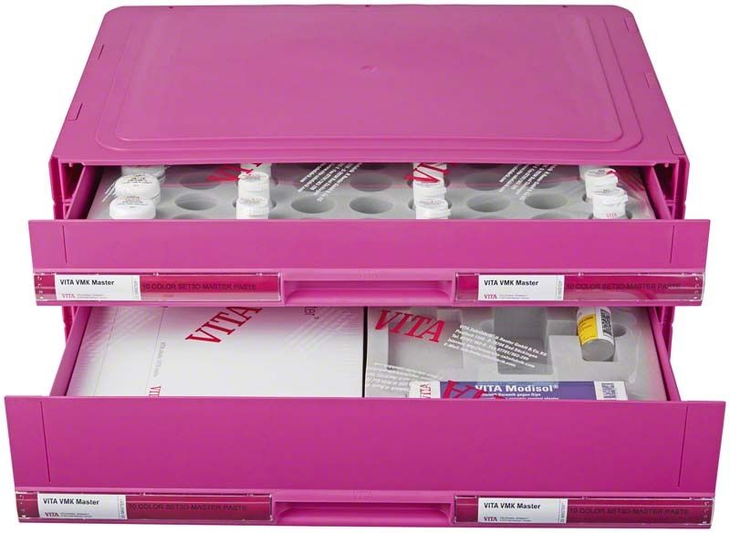 VITA VMK Master 10-Farben-Set Paste in rosa Lagerbox mit Schubladen.