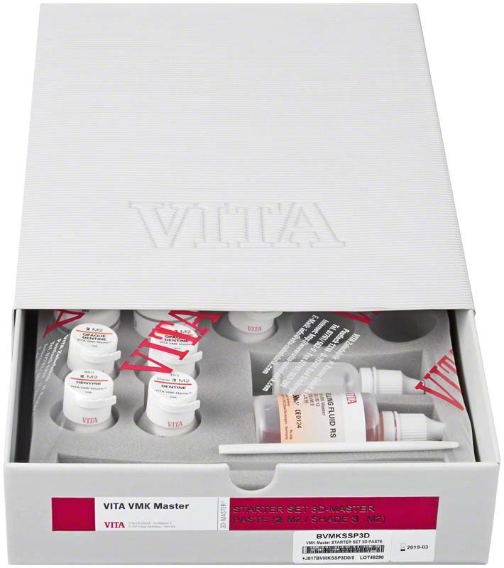 VITA VMK Master® STARTER SET mit Paste und Zubehör in geöffneter Verpackung.