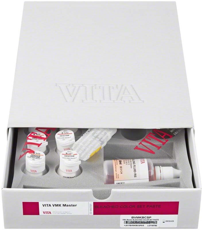 VITA VMK Master® BLEACHED COLOR SET PASTE in geöffneter Verpackung mit Inhalt.