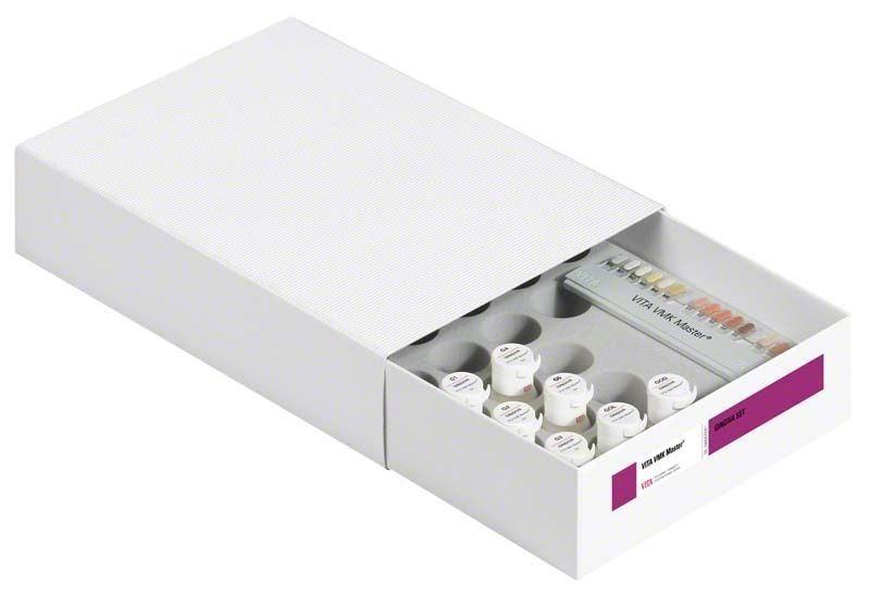 VITA VMK Master® GINGIVA SET POWDER in geöffneter Verpackung mit Probenbehältern.