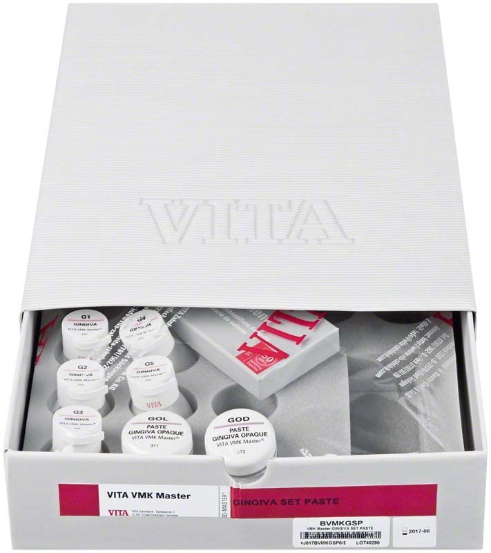VITA VMK Master Gingiva Set Paste in geöffneter Verpackung mit mehreren Tuben.